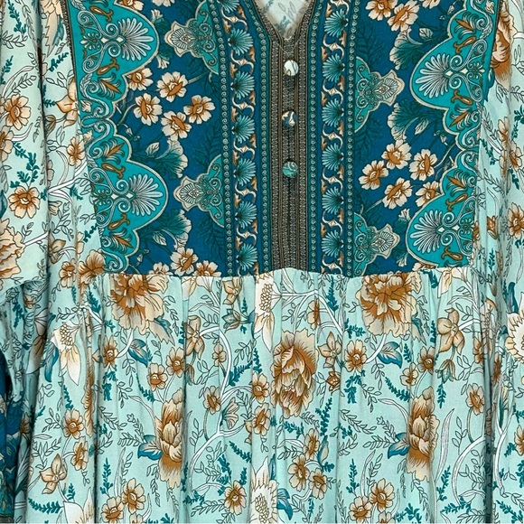 Jodifl Teal & Tan Floral & Paisley Bohemian Pullover Flowy Midi Dress - Large - Picture 6 of 12